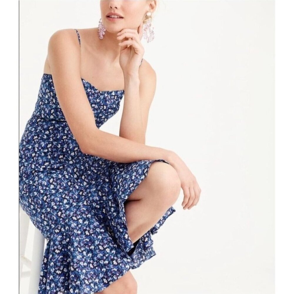 J.Crew Dress Midi Floral Size 8 Blue Floral Tiered Blue Liberty Ruffle White
